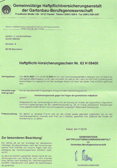 Versicherungsschein Haftpflichtversicherung Gartenbau Berufsgenossenschaft