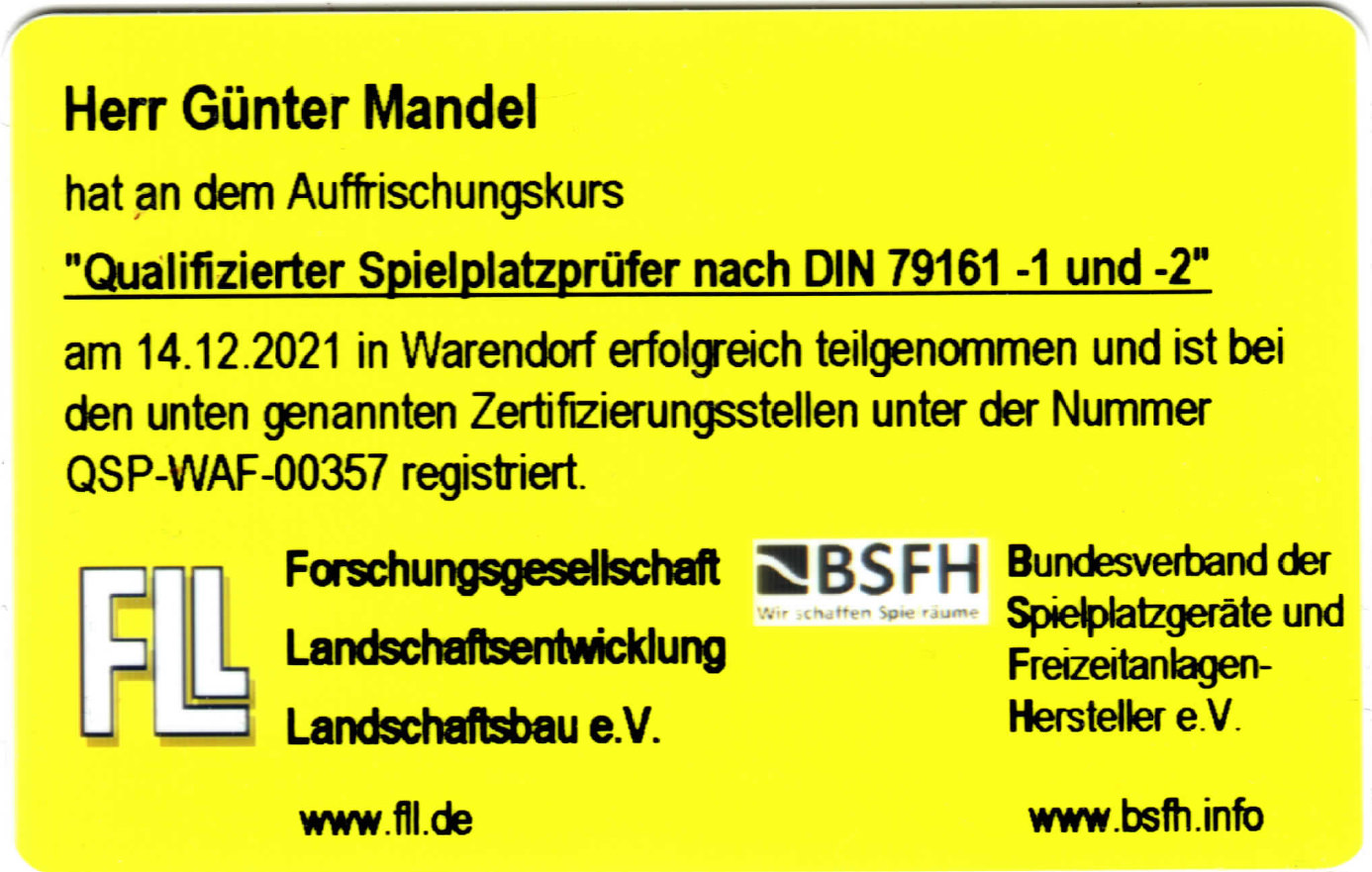 Zertifikat Günter Mandel - qualifizierter Spielplatzprüfer